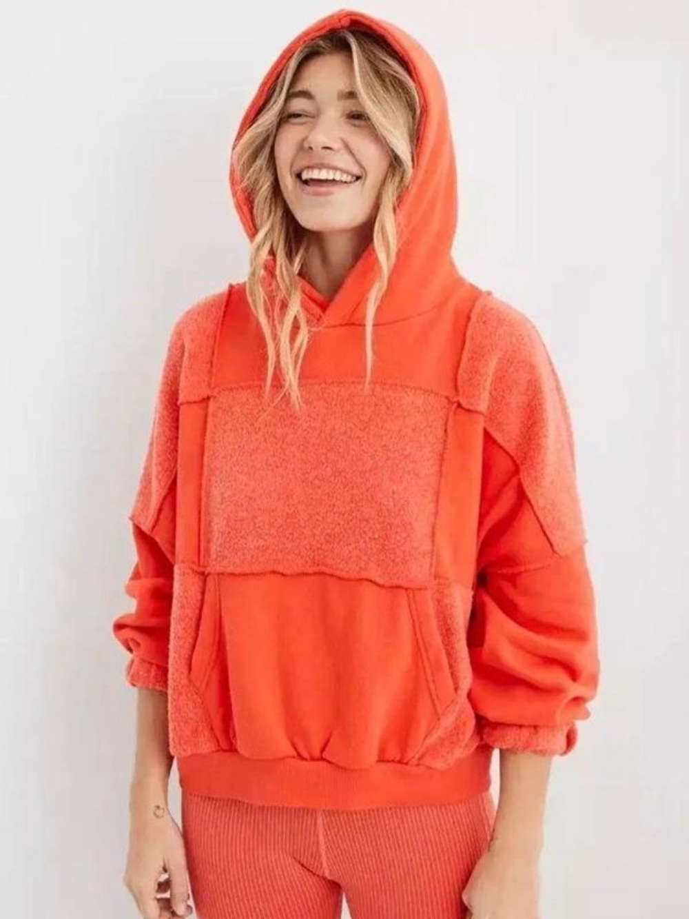 aerie Patchwork Fleece Hoodie Orange XS